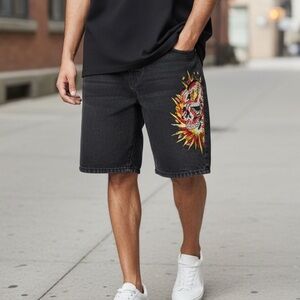 Ed Hardy Exploding Skull Black Denim Shorts